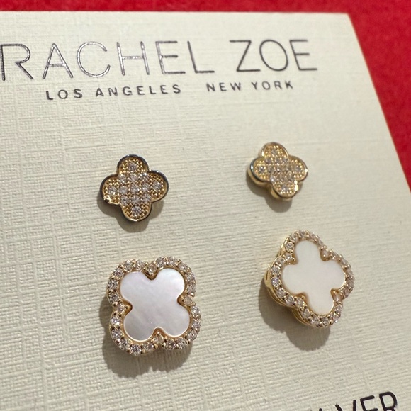 NEW Rachel Zoe 18K St-Silver Pave Crystal and MOP Clover Earrings Set - Picture 1 of 8